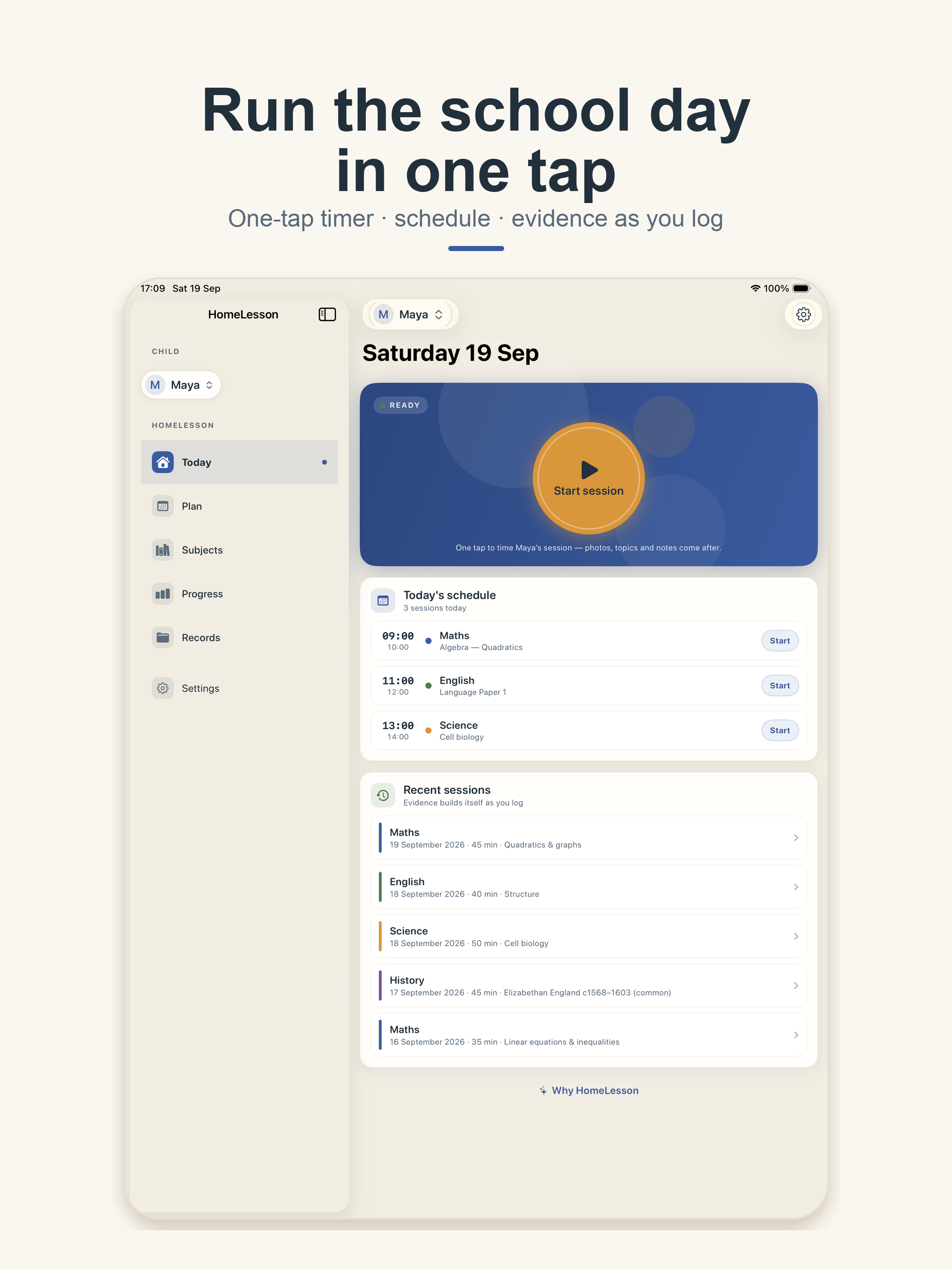 HomeLesson Today screen on iPad — sidebar navigation with child switcher