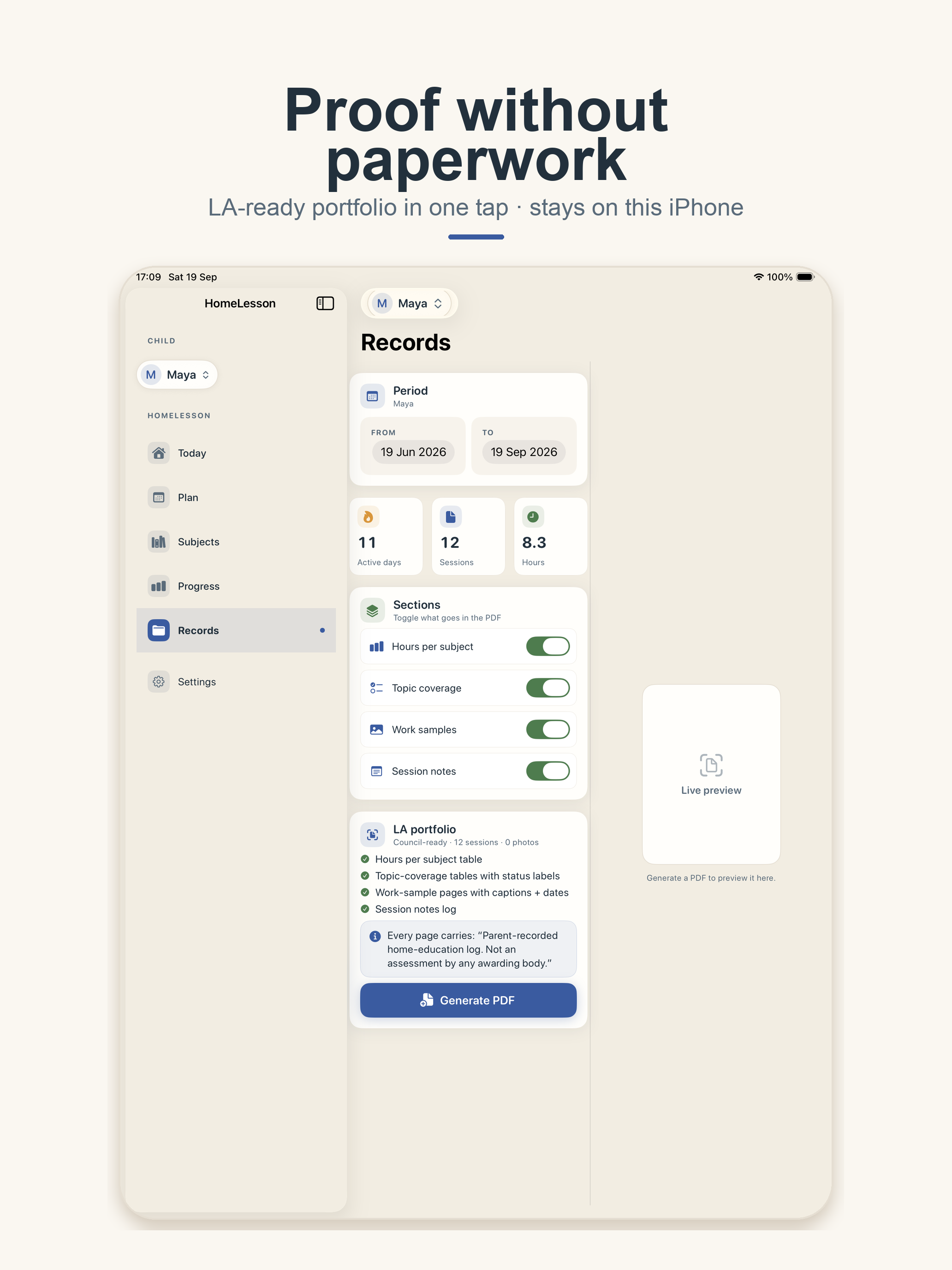 HomeLesson Records screen on iPad — portfolio builder with live preview