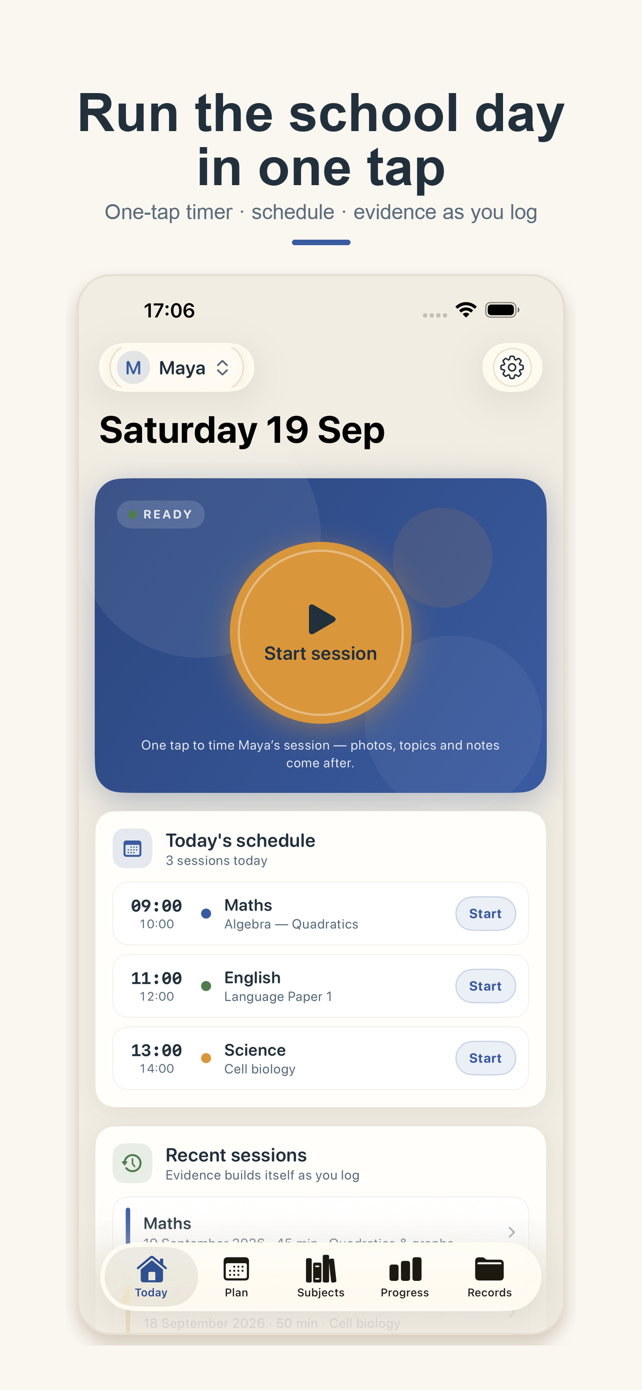 HomeLesson Today screen — Start session timer, today's schedule and recent sessions