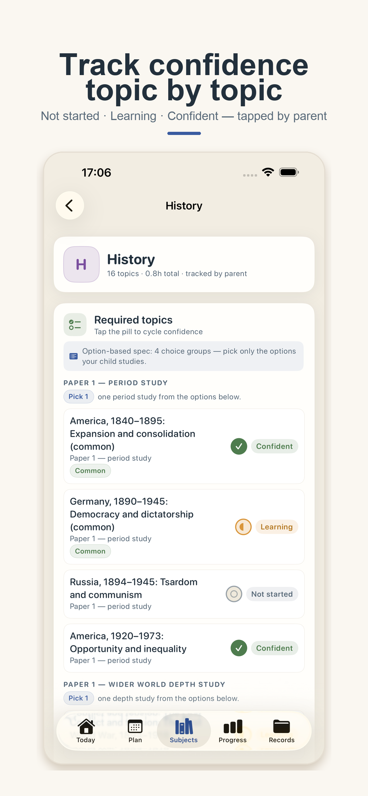 HomeLesson topic detail on iPhone — required topics with confidence pills and option picks