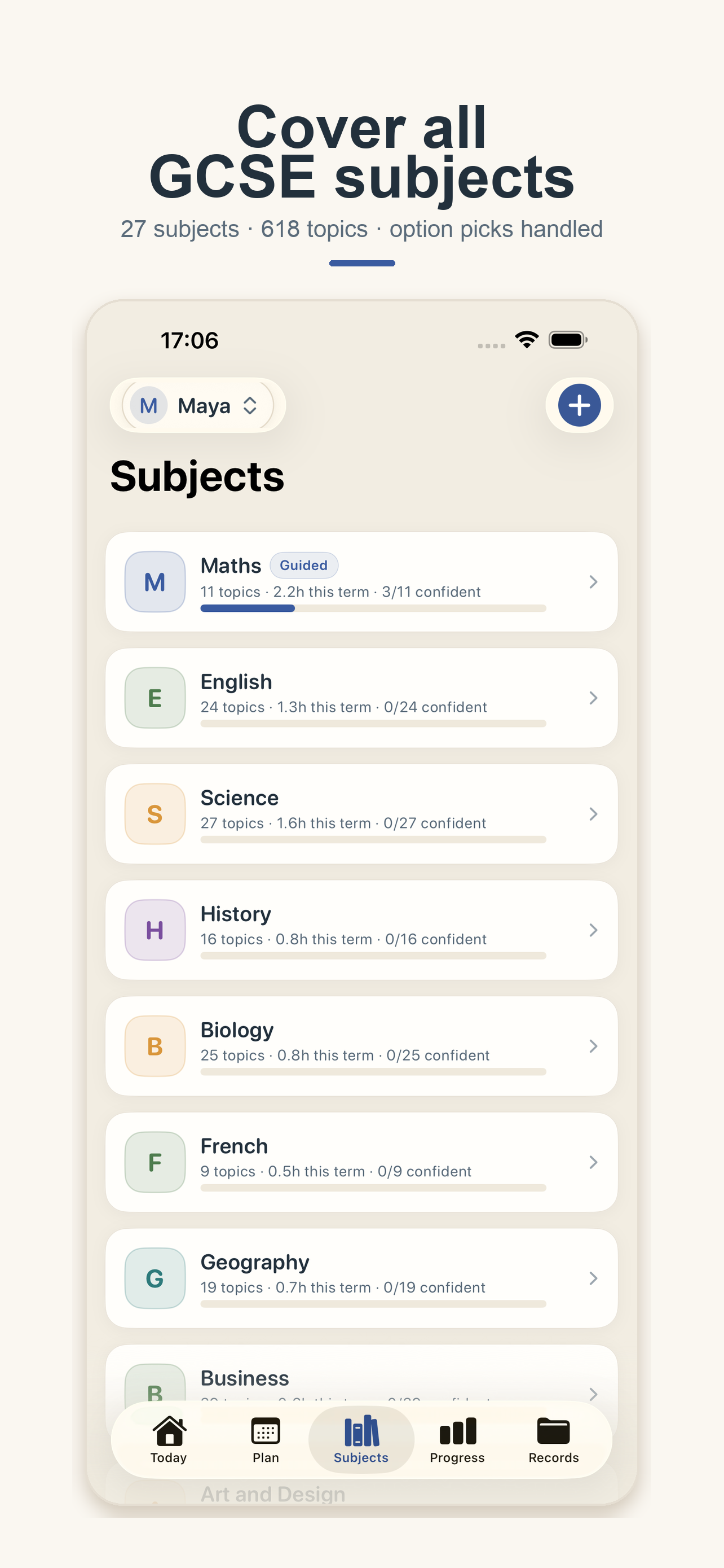 HomeLesson Subjects screen on iPhone — subject list with hours and confidence