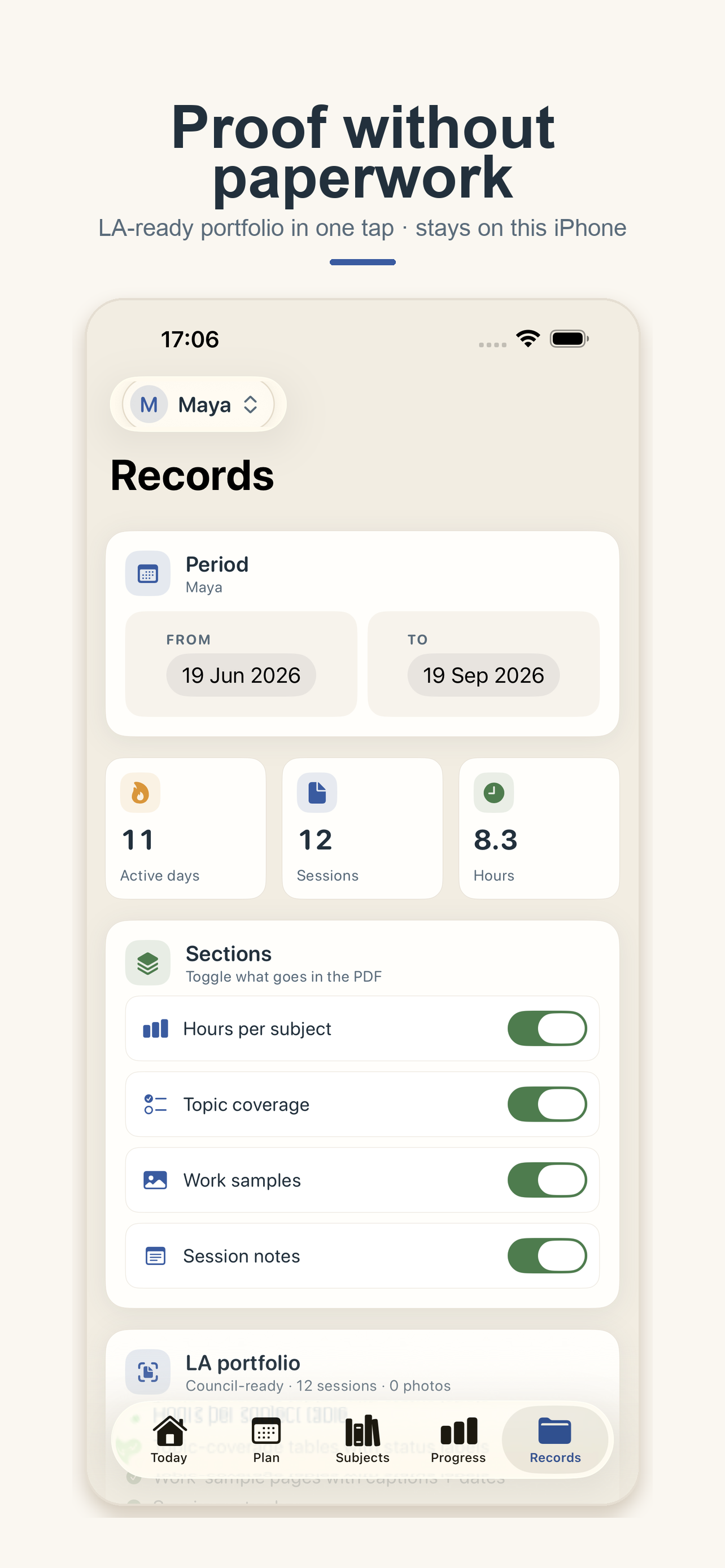 HomeLesson Records screen on iPhone — period picker, stats, sections and LA portfolio builder