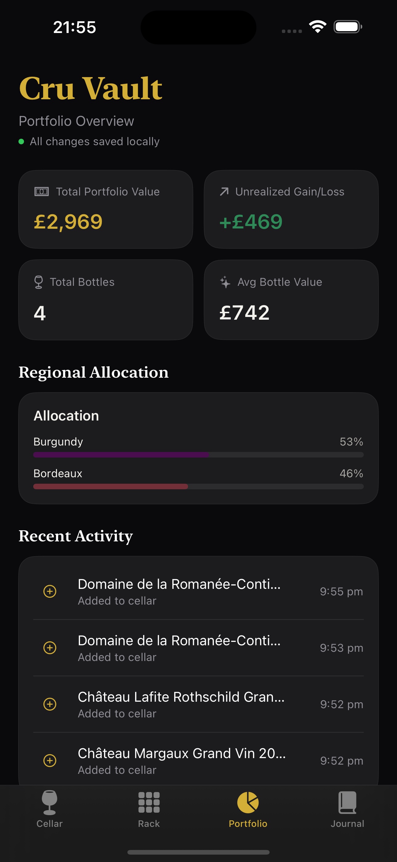 Cru Vault Portfolio Dashboard