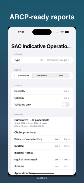 Log4Surg SAC Indicative Operation Groups report preview — scope picker, filters and live group counts