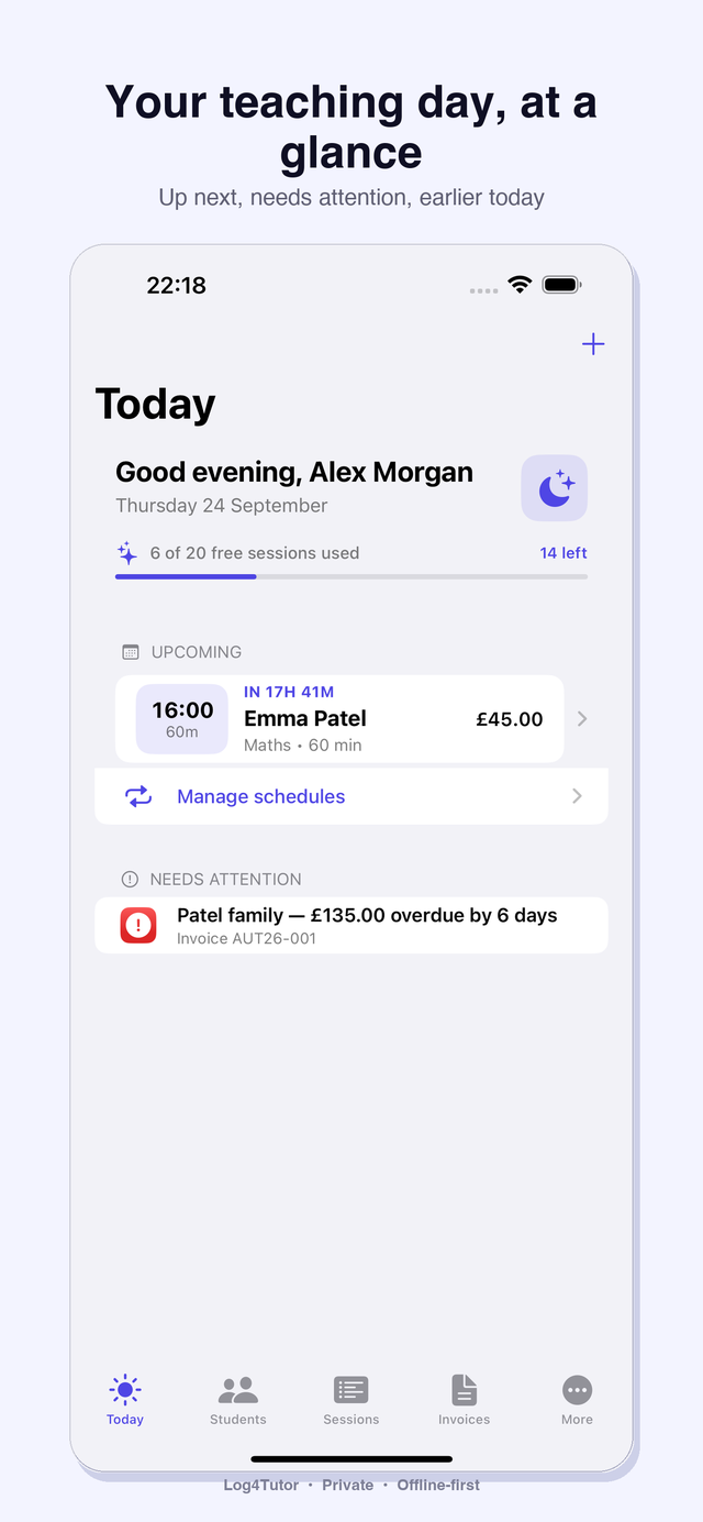 Log4Tutor Today screen — upcoming sessions and Log session button