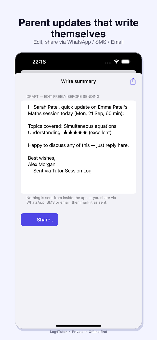 Log4Tutor parent summary draft — editable branded text, share via WhatsApp, SMS or email