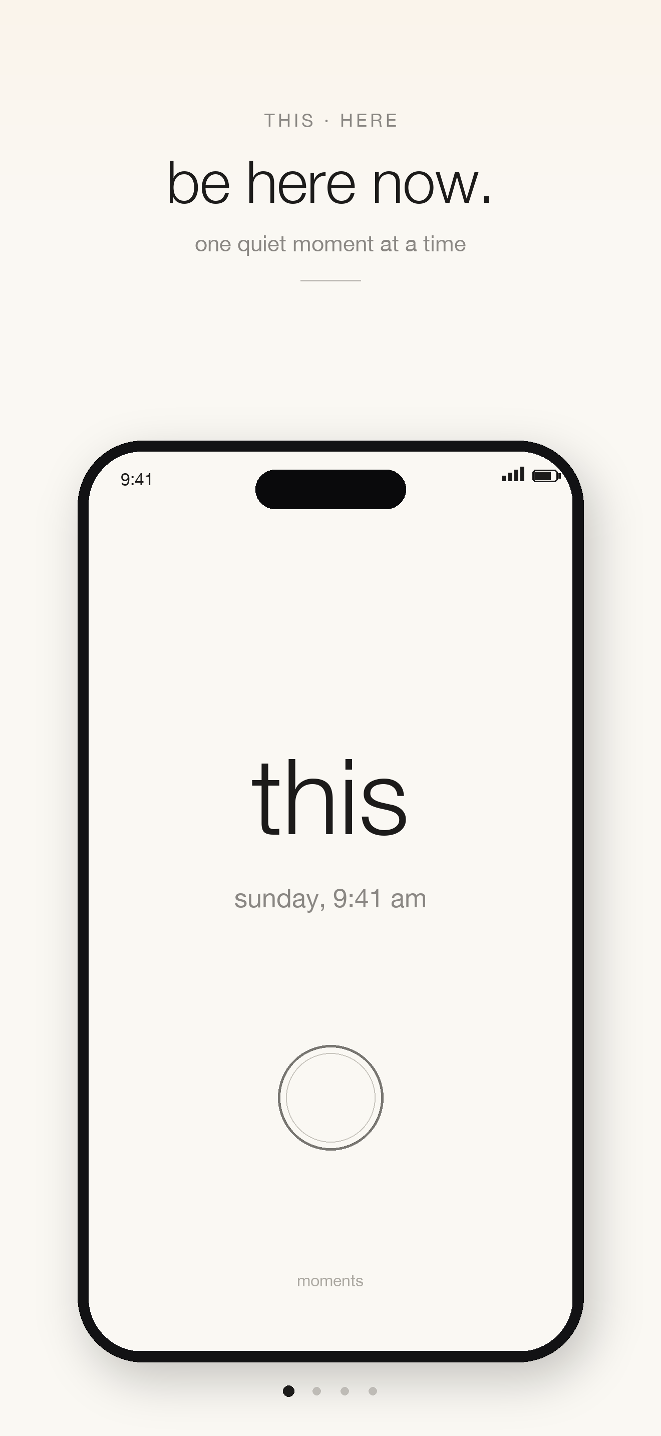 This home screen: the word this, the day and time, and a single breathing circle