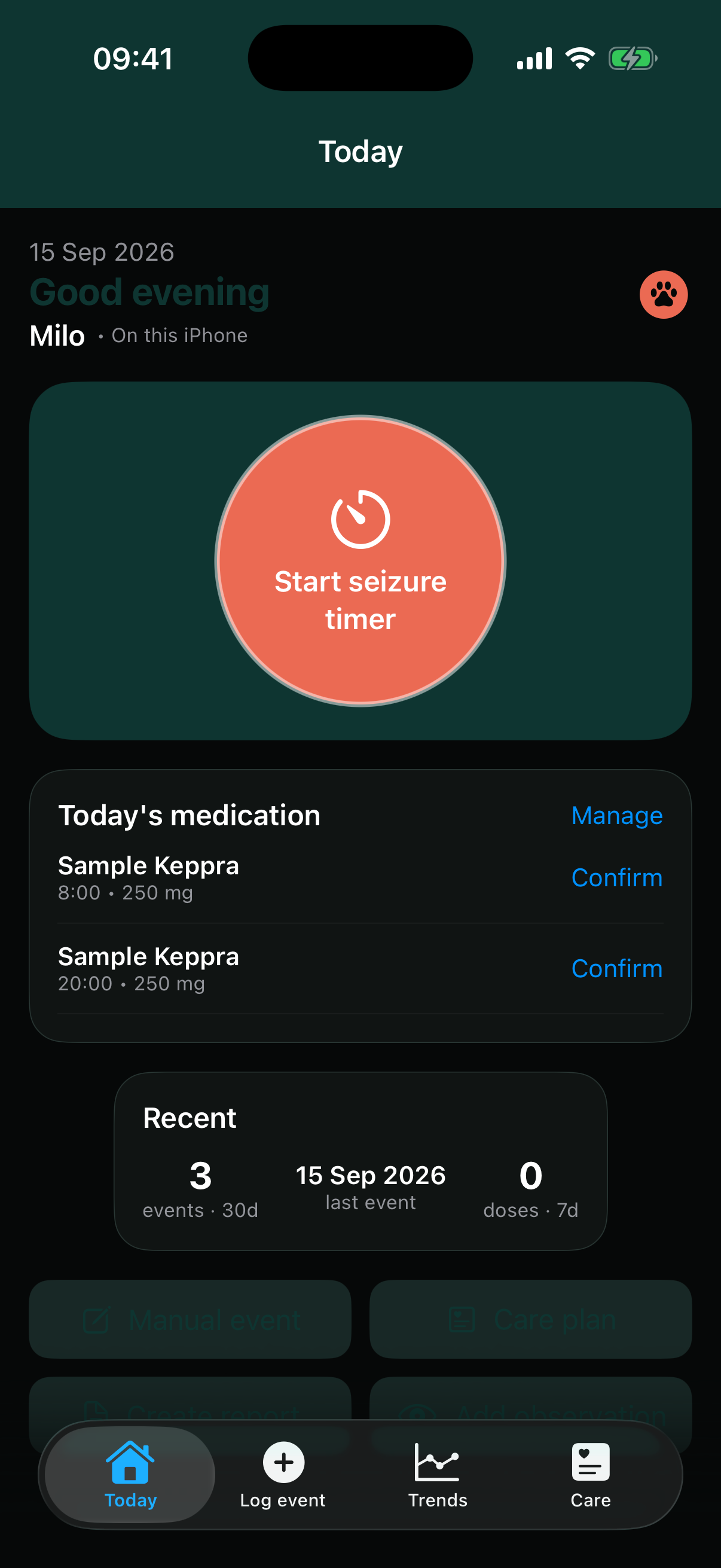 Log4Paw Today screen in dark mode