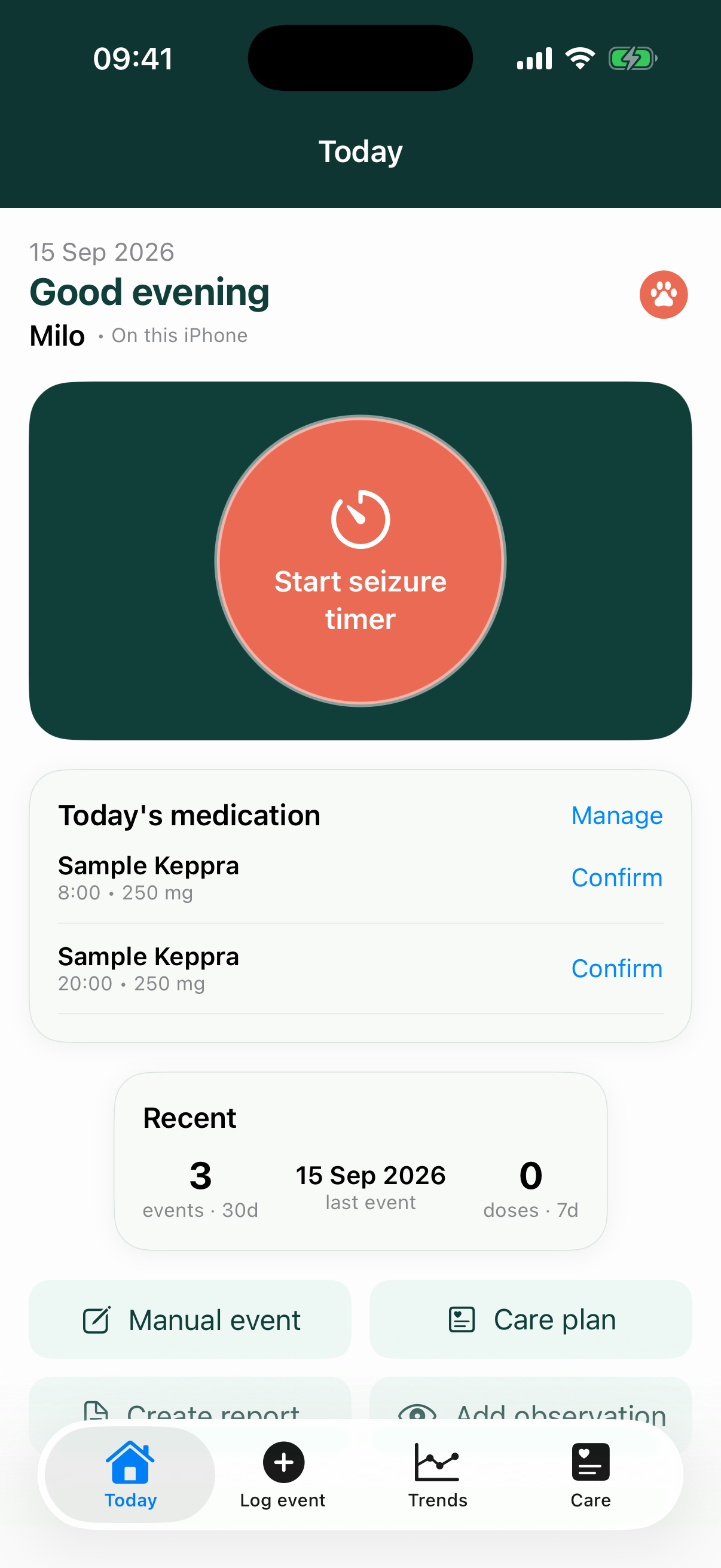 Log4Paw Today screen — Start seizure timer, today's medication and recent summary