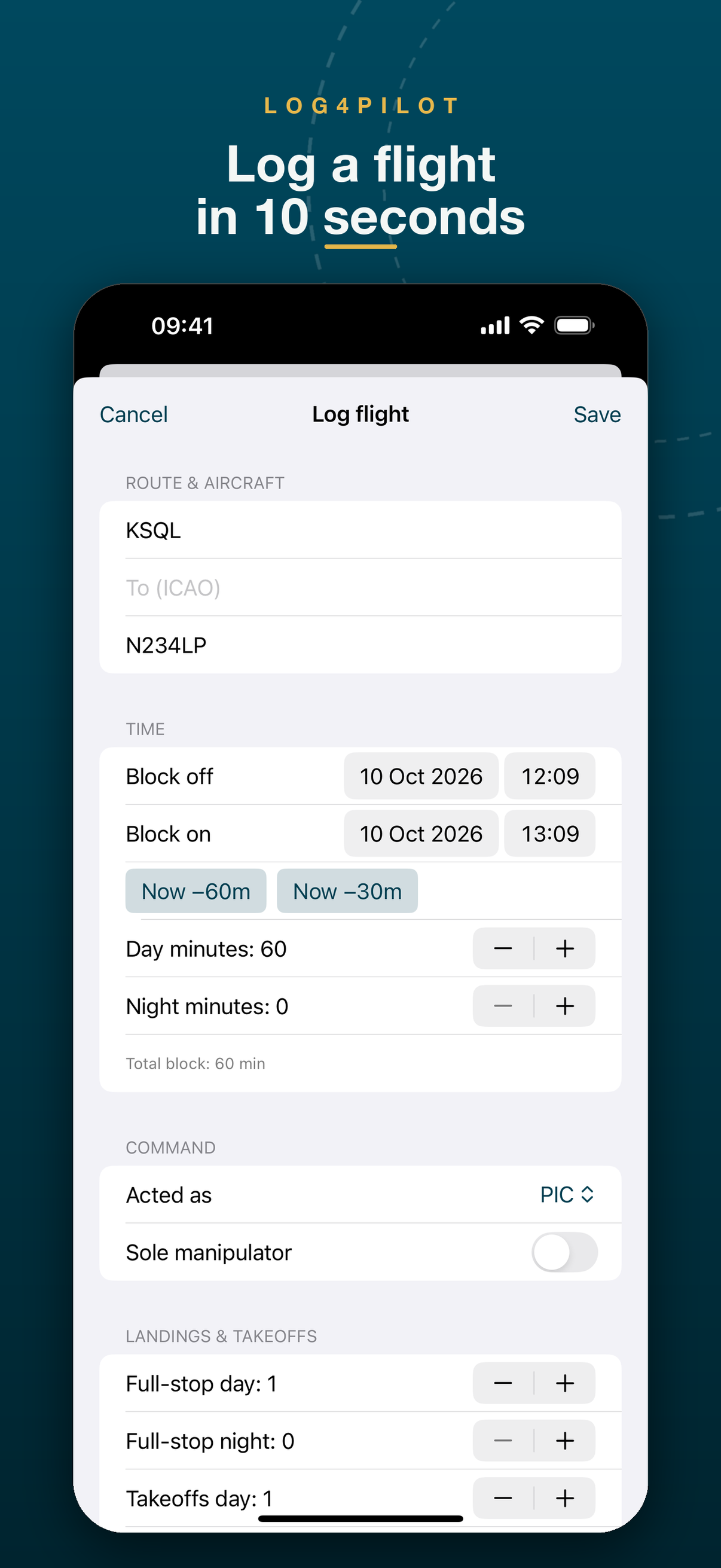 Log4Pilot Log flight sheet — route and aircraft, block times with quick chips, day and night minutes steppers
