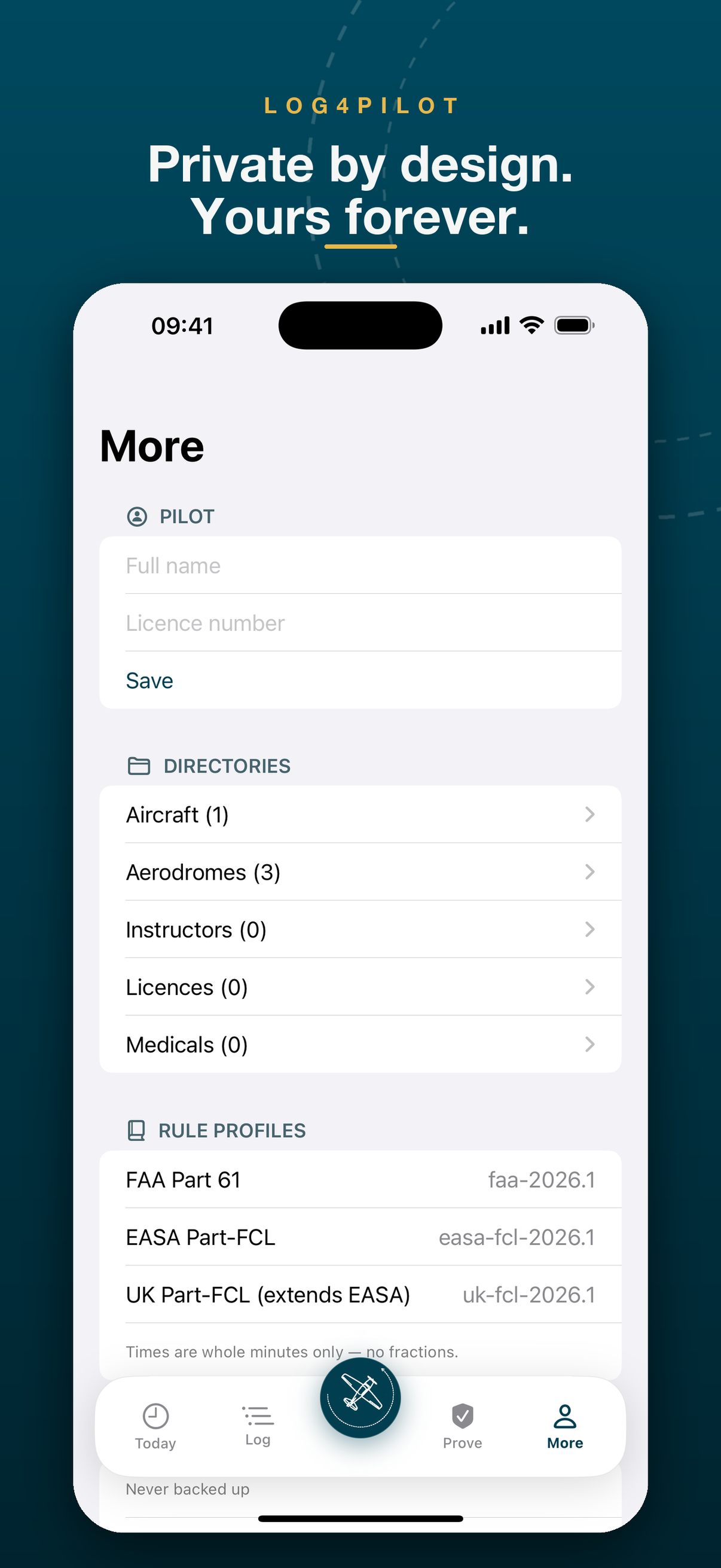 Log4Pilot More screen — pilot profile, directories and versioned rule profiles
