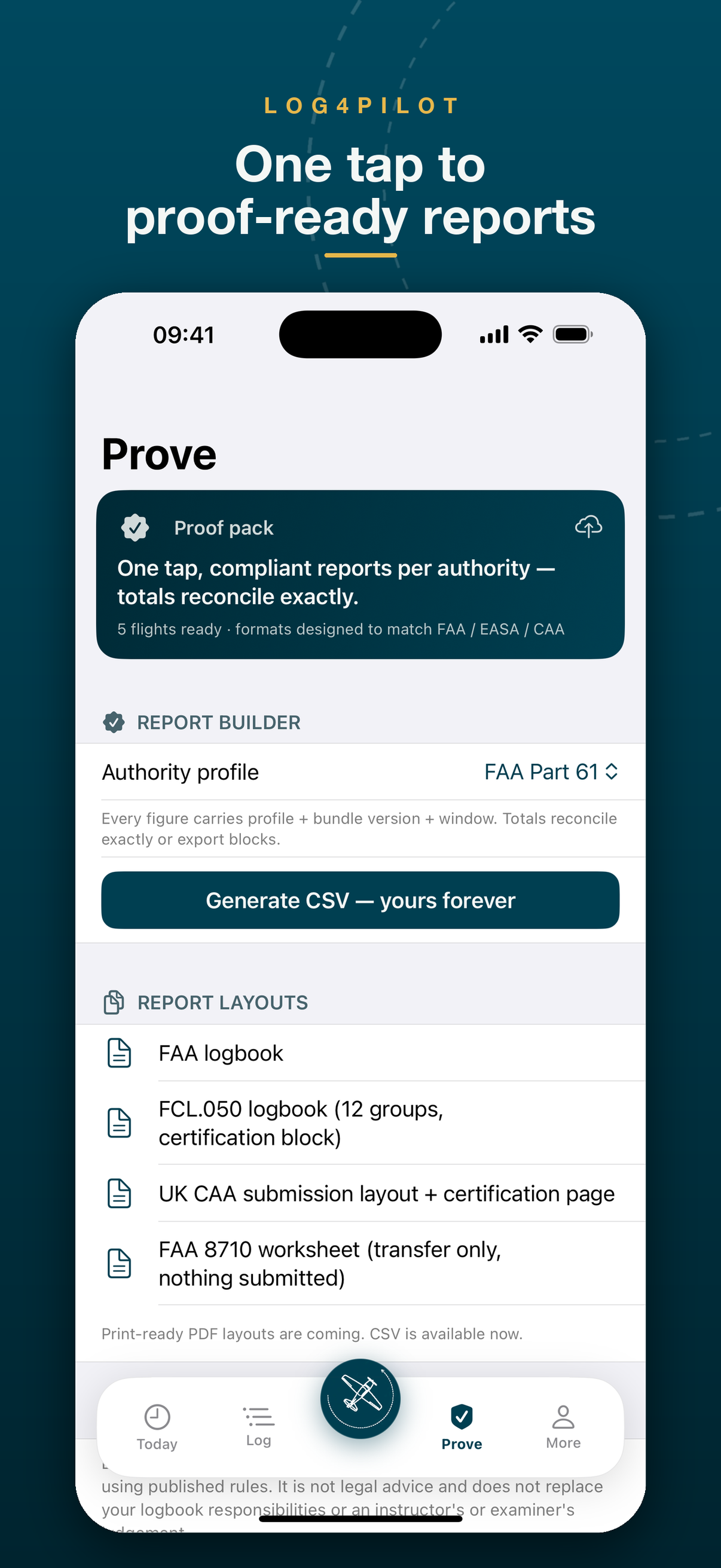 Log4Pilot Prove screen — proof pack card, authority profile picker and report layouts list